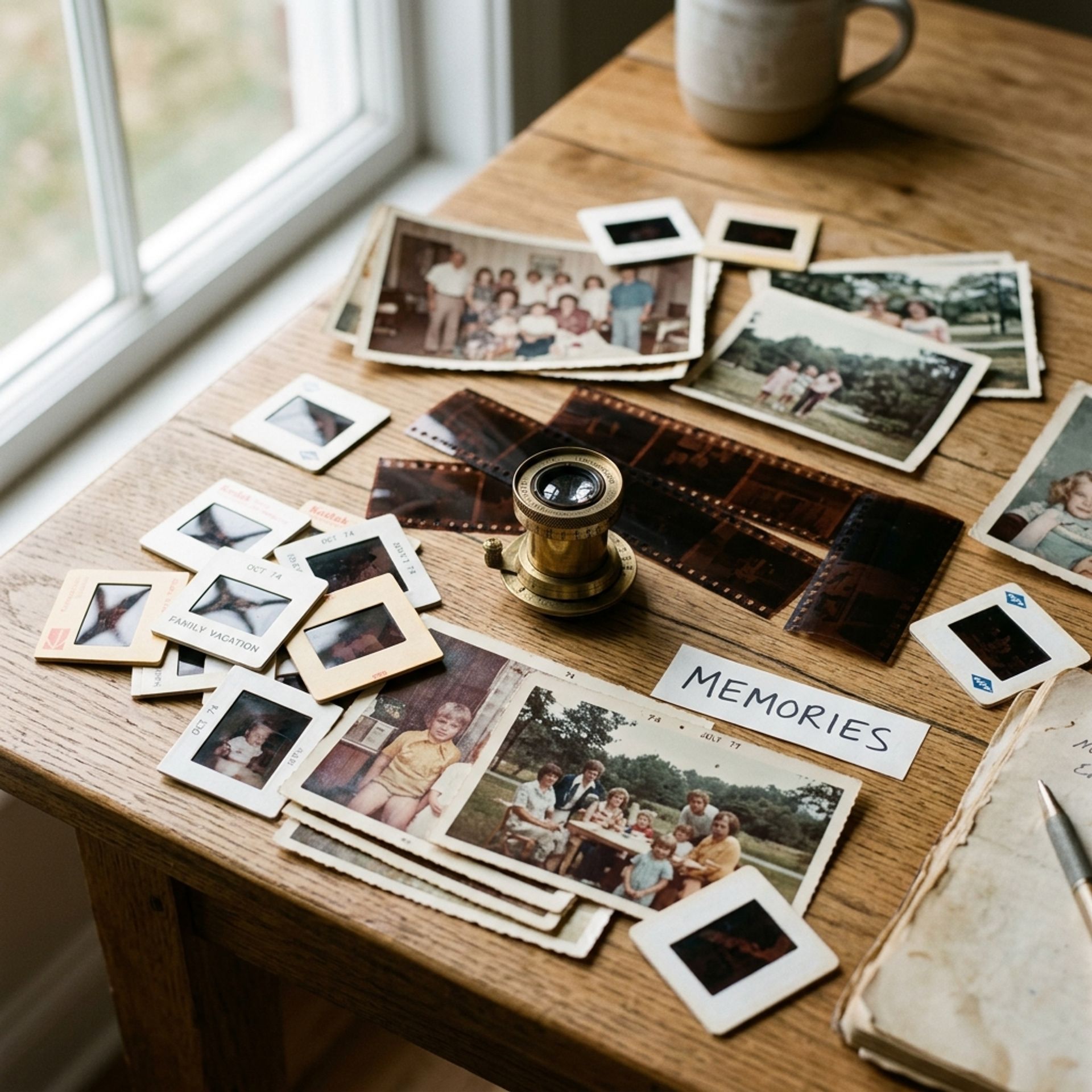 Analoge Erinnerungen: Dias, Negative und alte Papierfotos auf einem Holztisch